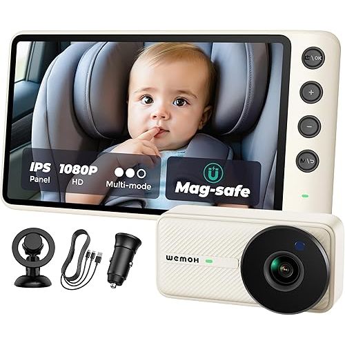 WEMOH NO.1 Magnetic Baby Car Camera with 1080P IPS Monitor, Auto Night Vision & Magnetic Mount – 5" Display, Zoom/Mirror Modes, USB Powered, 5-Minute Setup, for Rear-Facing Infant, White