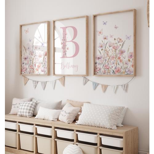 Wildflower Nursery Art, Boho Girl's Room Decor, Personalized Name Printable, Set of 3, 16A