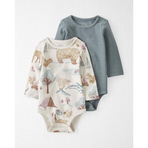 Baby Organic Cotton 2-Pack Woodland-Print & Striped Bodysuits - Style,Woodland Animals, Outdoor Green