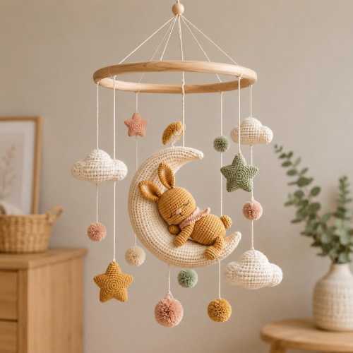 Baby Mobile with Crochet Bunny on Moon, Baby Crib Mobile, Boho Baby Mobile, Nursery Decor for Baby, Baby Shower Gift, Newborn Gift