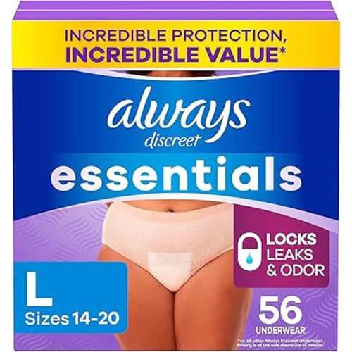 Always Discreet Essentials Adult Diapers for Women, Postpartum Essentials, Disposable Briefs, Unscented Incontinence Underwear Bladder Leak Protection, Size L, 56 Count