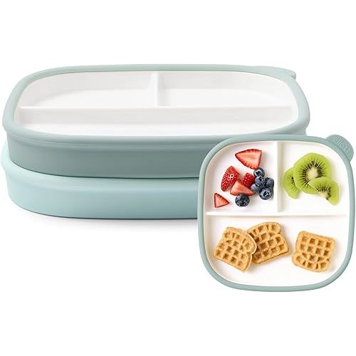 Ello Clean Start Toddler Breakfast Plate 2 Pack | BPA-Free Ceramic Plates with Divider & Silicone Sleeve for Babies/Toddlers| Microwave & Dishwasher Safe | High Chair Friendly | Dewdrop/Grayed Jade