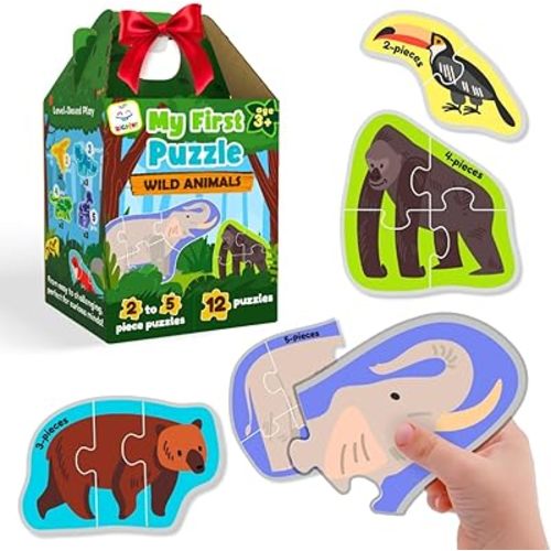 My First Puzzle Montessori Toy | 12 Graded Farm Animal Puzzles (2‑5 Piece Levels) | Montessori Puzzles for Fine Motor Skills & Early Learning | First Puzzle for Toddlers 3+ Year Old