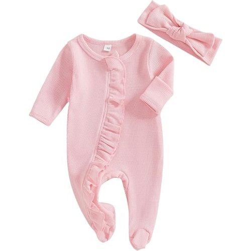 Ayalinggo Newborn Baby Romper Infant Girl One-piece Outfit Waffle Ruffle Zip Footie Spring Summer Clothes With Bow Headband