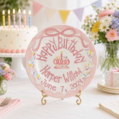 Custom Hand Painted Ceramic Birthday Plate, Pink Bow Ribbon Dish, Personalized Birthday Plate Date, First Birthday Gift Girl | B026