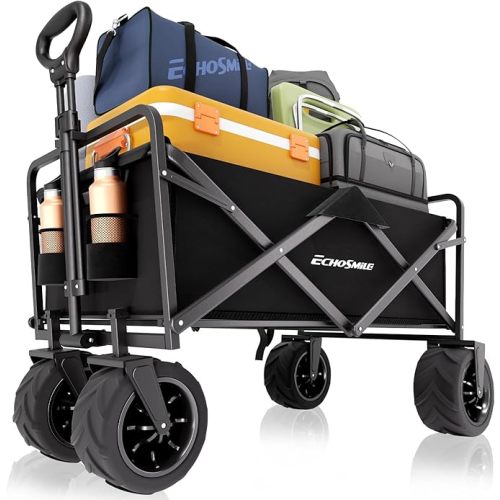 EchoSmile Heavy Duty 350 Lbs Capacity Collapsible Wagon, Outdoor Folding Camping Grocery Portable Utility Cart, Adjustable Rolling Carts, All Terrain Sports Wagon with Big Wheels (Blue-Arrow)