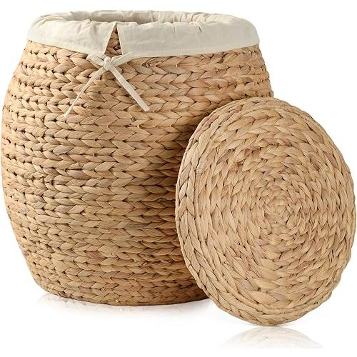 Wicker Basket with Lid Decorative Storage - Large Blanket Basket for Living Room, Plants, Organization, Handwoven Water Hyacinth Material w/Removable Cotton Liner & Tall Round Design