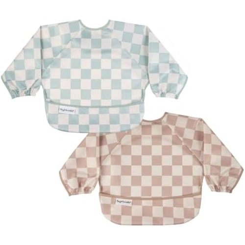 Tiny Twinkle Long Sleeve Bib for Babies&Toddlers|2-Pack Waterproof Smock Bib for Eating|Machine Washable&Mess-Proof Feeding Essentials|Newborn Shower Gift(Sage,Beige Checkers,6-24M)