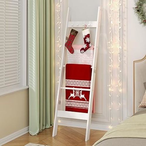 Hzuaneri Blanket Ladder for Living Room, Decorative Quilt Rack with 4 Removable Hooks, 5-Tier Farmhouse Ladder Holder Shelf Organizer for Bedroom, White BR02113W