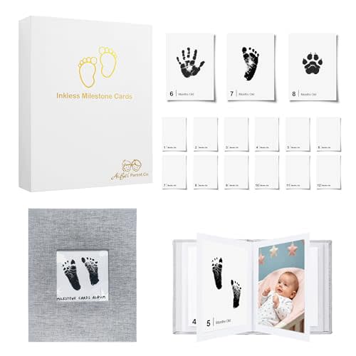 14 Packs Baby Monthly Milestone Cards with Photo Frame, Inkless Baby Handprint Footprint Kit, Newborn Milestone Cards with Handprint Kit, Baby Memory Kit, Baby Keepsake Kit, Hand Footprint Keepsake