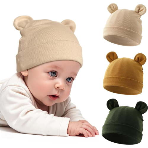 3 Pcs Cotton Newborn Hats for Unisex, Bear Ears Baby Girl Boy Beanie Hat for Newborn, Infant, Toddler Cap