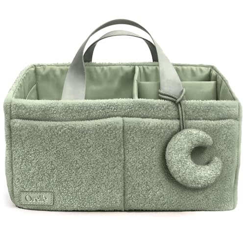 Orelle Bouclé Diaper Caddy Organizer with Matching Pouch & Moon Pendant | Teddy Portable Changing Table Organizer | Sage Green Diaper Caddy | Must-Have Baby Shower Gifts | Sage Green