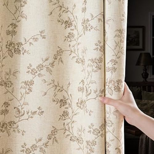 jinchan Linen Blackout Curtains Taupe Floral 84 Inch Back Tab 2 Panels