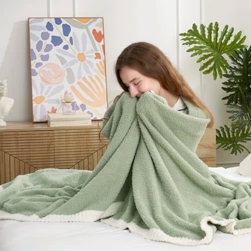 Snuggle Sac Sage Green Throw Blanket for Couch Bed Sofa 60x80 inches, Reversible Sage Green Blanket Microfiber Fluffy Fuzzy Cozy Knit Twin Blanket for Women Mothers Birthday Gifts