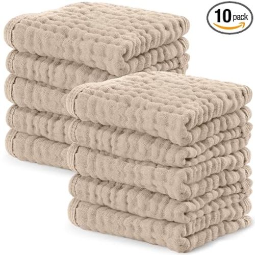 Comfy Cubs Muslin Baby Washcloths 10 Pack - Soft 6-Layer Cotton Wash Cloths for Sensitive Skin - 10"x10" Large, Gentle, Absorbent Infant Essentials for Newborn and Toddlers - Sand