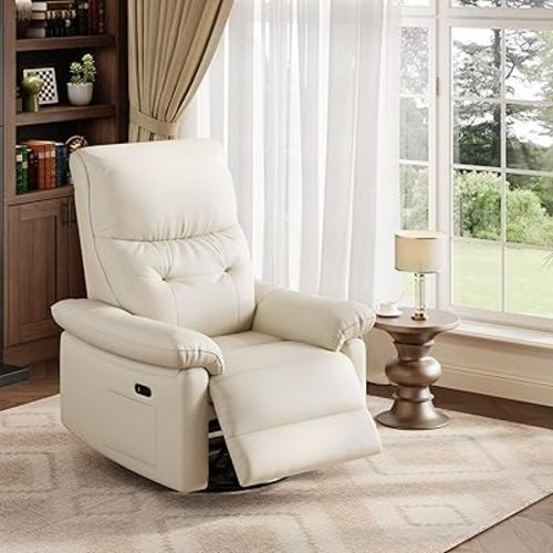 Power Recliner Chair, 270° Swivel Rocking Glider with USB Charging Port, PU Leather Upholstered Fabric and Button Tufted Backrest, Ergonomic Nursery Chair for Living Room (Beige)