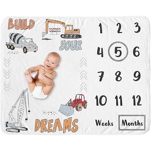 Sweet Jojo Designs Construction Truck Boy Milestone Blanket Monthly Newborn First Year Growth Mat Baby Shower Memory Keepsake Gift Picture - Grey Yellow Orange Red Blue Transportation Chevron Arrow