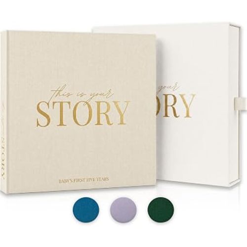 Baby Memory Book from Pregnancy to Age 5, Baby Book Keepsake & Milestone Journal for Boy or Girl, Gender Neutral Scrapbook Album with Stickers & Keepsake Box Natural