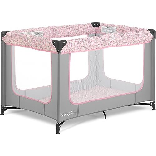 Dream On Me Zodiak Baby Playard, Breathable Mesh Sides, Soft Comfortable Mattress, Quick & Easy to Fold with Travel Carry Bag, Compact Space Saving Design - Grey & Pink