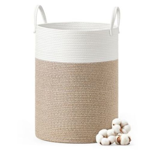 Cotton Rope Laundry Basket, 21.1 Gal Natural Fiber Hamper with Handles, for Kids' Toys Clothing Bedroom Living Room, White & Grayish Brown