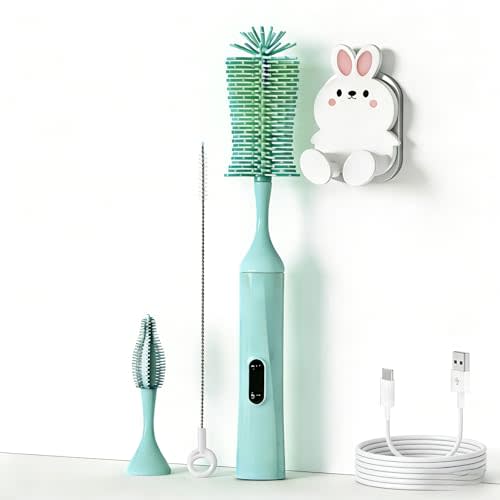 Rechargeable Electric Bottle Brush with 2 Speeds Powerful Automatic Bottle Cleaner,BPA-Free Silicone Spinning Design, Wall Mount & Straw Cleaner,Suitable for Baby Bottles & Kitchen (Alan+Alan)