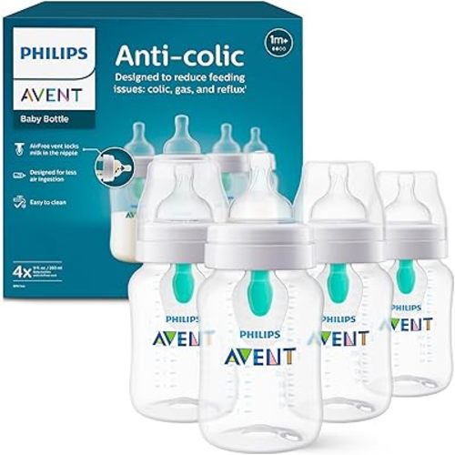 Philips Avent Anti-Colic Baby Bottle with AirFree Vent, 9oz, with Flow 2 Nipples, 1m+, 4pk, Clear, SCY703/04