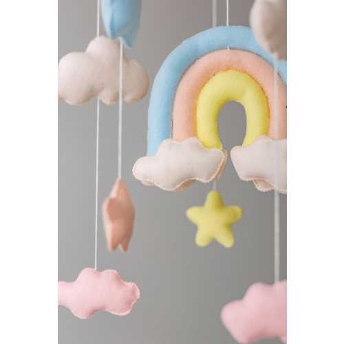 Rainbow Crib Mobile, Felt Nursery Decor, Pastel Stars Clouds, Neutral Baby Gift