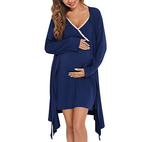 SWOMOG Womens Maternity Robe 2 Piece Nursing Nightgown for Breastfeeding 3 in 1 Labor Delivery Nursing Dress Lace Bathrobe