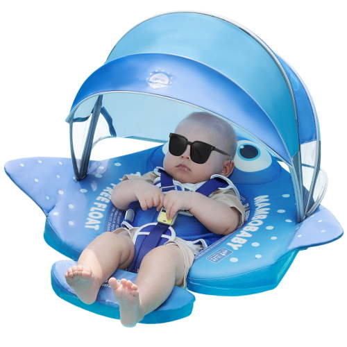 Mambobaby Non-Inflatable Baby Pool Float with Tail and Canopy UPF 50+ Sun Protection No Flip Over Infant Swim Float Skin-Friendly Mambo Float Swim Trainer Solid Baby Swimming Ring Foldable Style