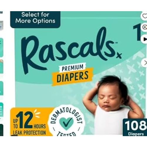 Rascals Premium Diapers, Size 1, 108 Count,Pack 1