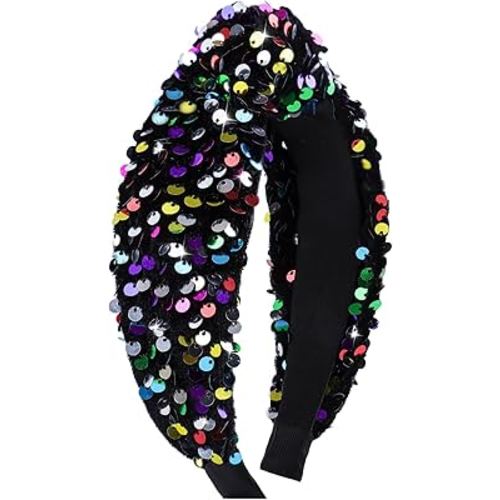Sequin Knotted Headband for Women Girls - Sparkly Velvet Wide Black Headband - Fashion Hair Glitter Bands Accessories