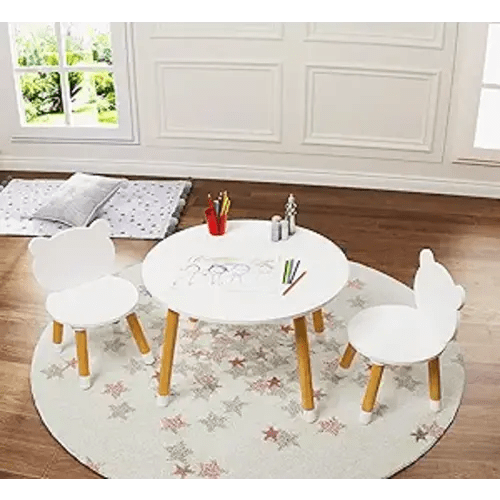 UTEX Kids Wood Play Table with 2 Chairs,3 Pieces Round Tablet for Toddlers, Girls, Boys,White