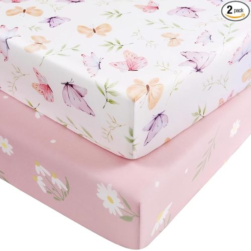 Baby Crib Sheets Girl, Fitted Crib Sheets 52" x 28", Soft Breathable Microfiber Sheets for Standard Crib and Toddler Mattress, 2-Pack Pink Butterfly