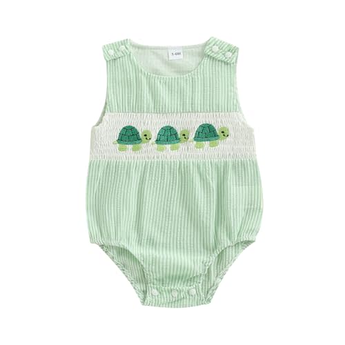 GOOCHEER Newborn Baby Boy Summer Outfit Octopus/Turtle Smocked Bubble Romper Striped Overall Sleeveless Bodysuit Clothes