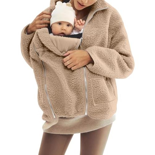 Mywinway Maternity Coat Fall Winter Mom Cozy Carrier Fleece Sherpa jacket Warm Zip Up Coats Clothing