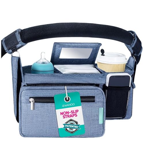 Stroller Caddy Organizer With Cup Holder, Non-Slip Straps, Bag for Phone, Pet Accessories, Universal Fits Uppababby Vista v2 Wonderfold Wagon, Doona and More