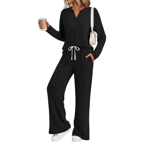 LILLUSORY Womens 2 Piece Lounge Sets Fall Outfits Airport Travel Sweatsuits | Comfy Sweat Set, Cute Matching Pajamas Pjs, Fashion Trendy Henley Loungewear, 2026 Winter Clothes, Drawstring Wide Leg Pants