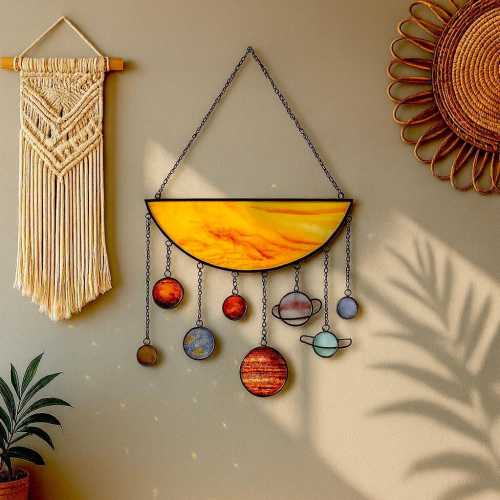 Solar System Wall Hanging, Stained Glass Planets Mobile, Boho Macrame Wall Art, Celestial Space Gift Home Decor, Astrology Wall Art