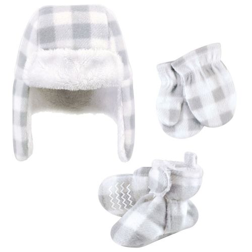 Hudson Baby Unisex Baby Trapper Hat, Mitten and Bootie Set, Gray White Plaid