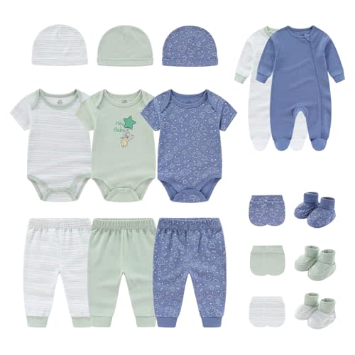 BIGBIGKISS Newborn Baby Clothes Unisex Infant Boy Girl Bodysuits and Pants Set 17 Pack Cotton Romper and Accessorie