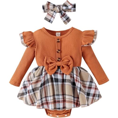 Madjtlqy Newborn Baby Girl Fall Winter Outfit Set Plaid Romper Dress Ruffles Long Sleeve Clothes Jumpsuit with Bow Headband