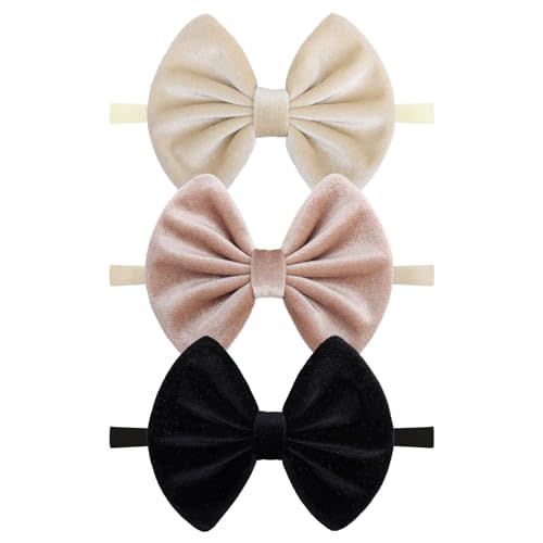 Velvet Baby Bows Headbands Solid Elastic Baby Girl Hair Bows Handmade Newborn Hair Band Bows Infant Toddlers Kids Hair Accessories 3 Pcs Beige Khaki Black