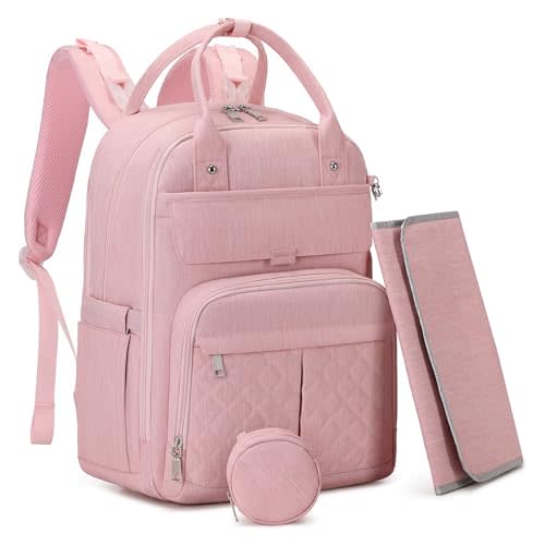 MOONBABY Diaper Bag Backpack, Baby Diaper Bags with Portable Changing Pad and Pacifier Case, Multifunctional Travel Diaper Backpacks, Unisex Baby Bags, Pink