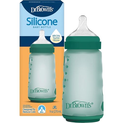 Dr. Brown's Silicone Baby Bottle with Collapsible Insert Designed to Reduce Colic, 9 oz with Wide-Neck Level 2 Medium Flow Nipple, BPA-Free, 3m+, Green, 1-Pack