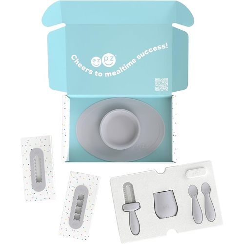 ezpz Kit 2: Learn to Eat and Drink (Pewter) - Tools to Help Your Baby Practice Chewing, Sipping, and Self-Feeding - Start Solids + Baby-Led Weaning Safely - Shower Essentials & Gifts