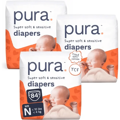 Pura Baby Diapers Newborn (Up to 10 lbs) 84 Count Sensitive Skin