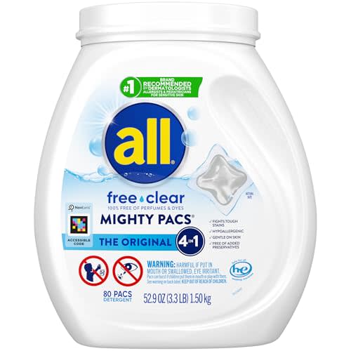 all Free Clear Mighty Pacs Laundry Detergent, for Sensitive Skin, Unscented and Dye Free, 80 Count