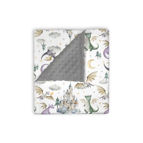Mink Baby Boys Blanket Dragon Tale Castle, Watercolor Green Moon Clouds Stars Tree Soft Double Layer Dotted Backing Receiving Blankets, Newborn Infant Toddler Nursery Crib Bedding 30