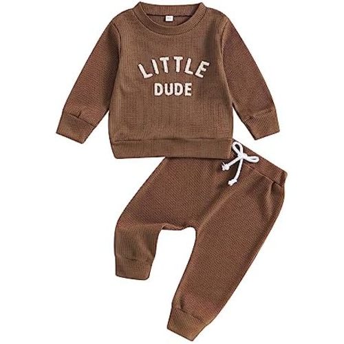 Toddler Baby Boy Clothes Long Sleeve Waffle Little Dude Crewneck Sweatshirt Casual Pants 2Pcs Fall Winter Outfit