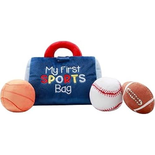 4 Piece Plush My First Sport Bag Play Set with Sensory Toy Balls for Baby, Blue All Sports, 6 inch, Basketball, Baseball, Football